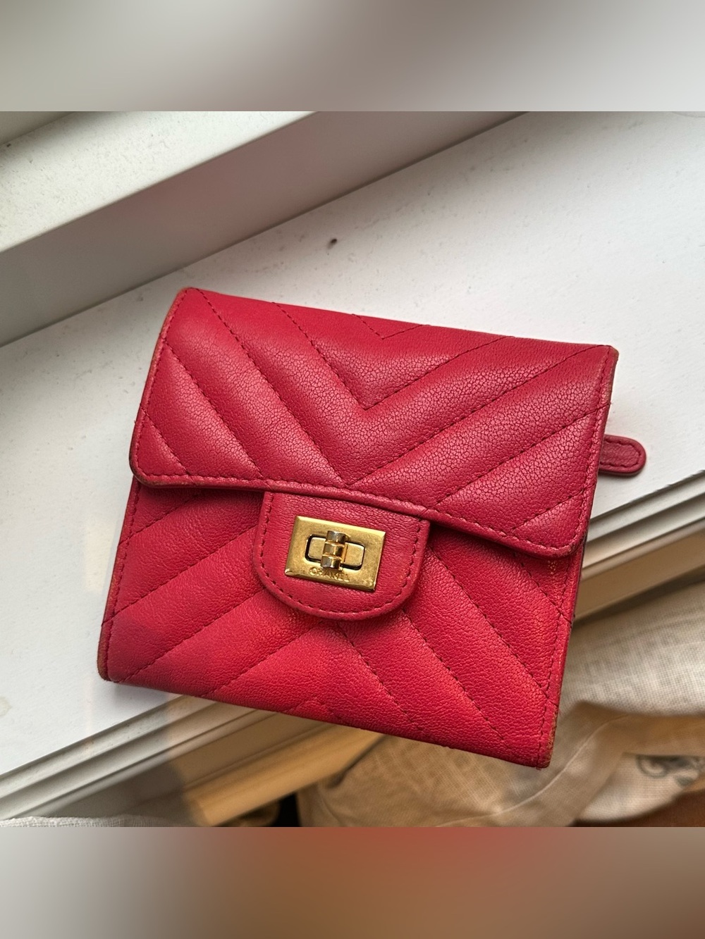 CHANEL Red Chevron Quilted Calfskin Leather 2.55 Small Flap Wallet